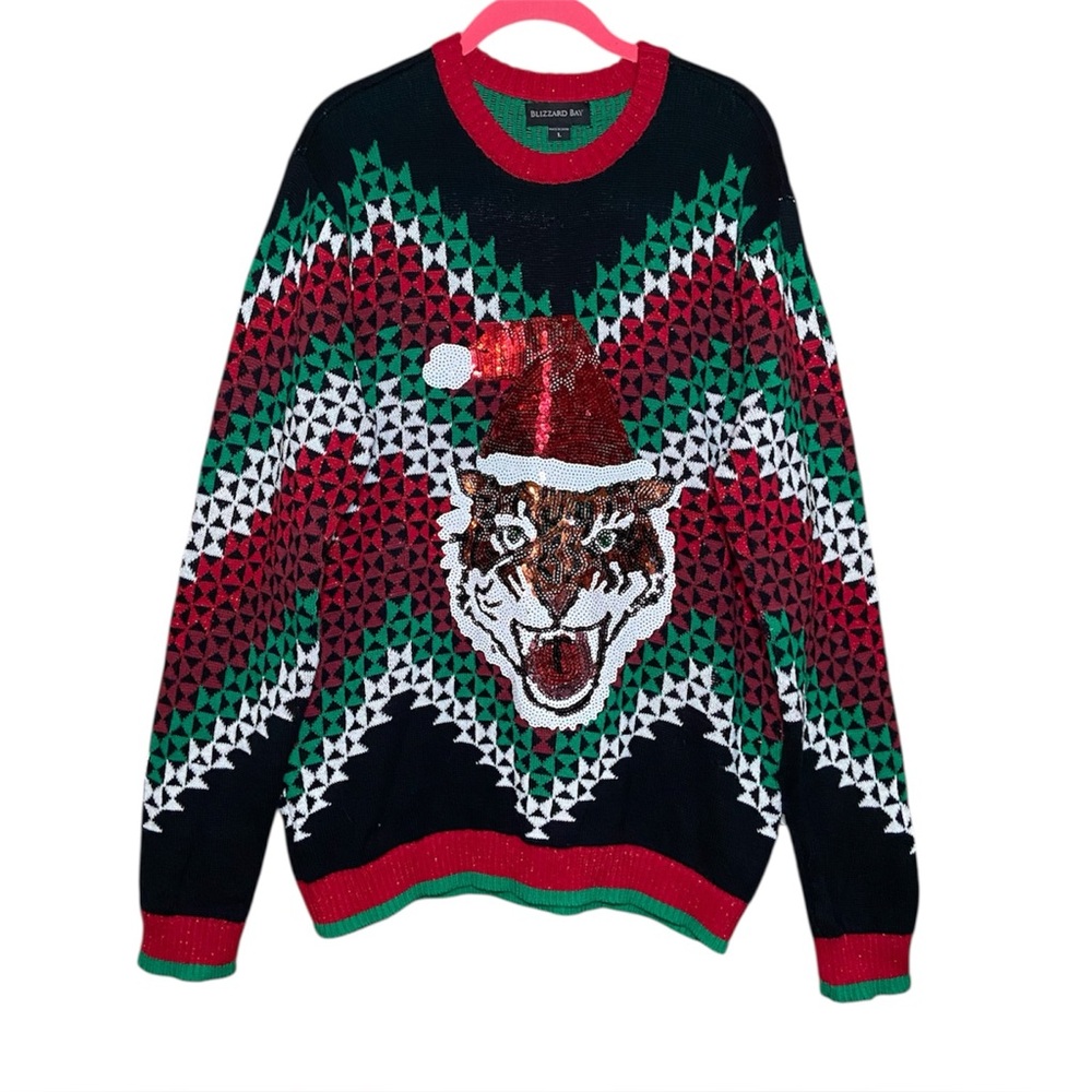 Blizzard Bay Ugly Christmas Sweater Santa Tiger Large Embellished Sequins Unisex